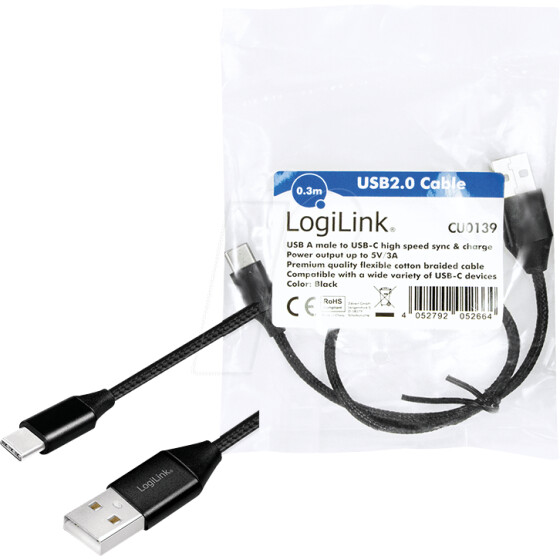 Replacement cable - Logilink USB-A to USB-C male - 0.5 m